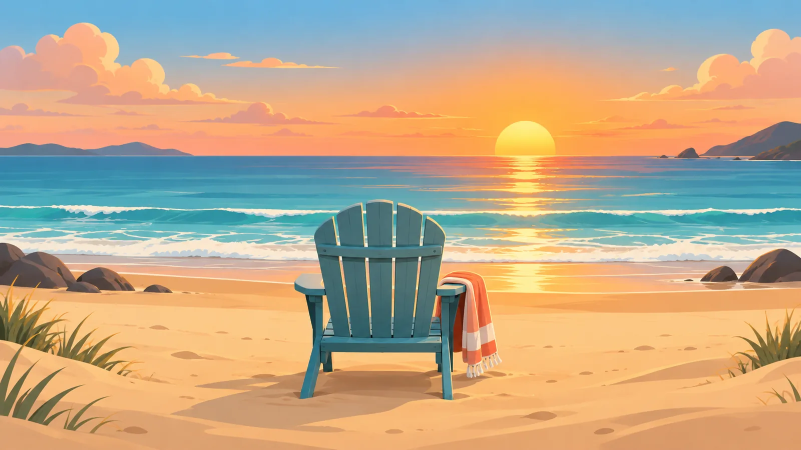 Beach chair facing the ocean at sunset