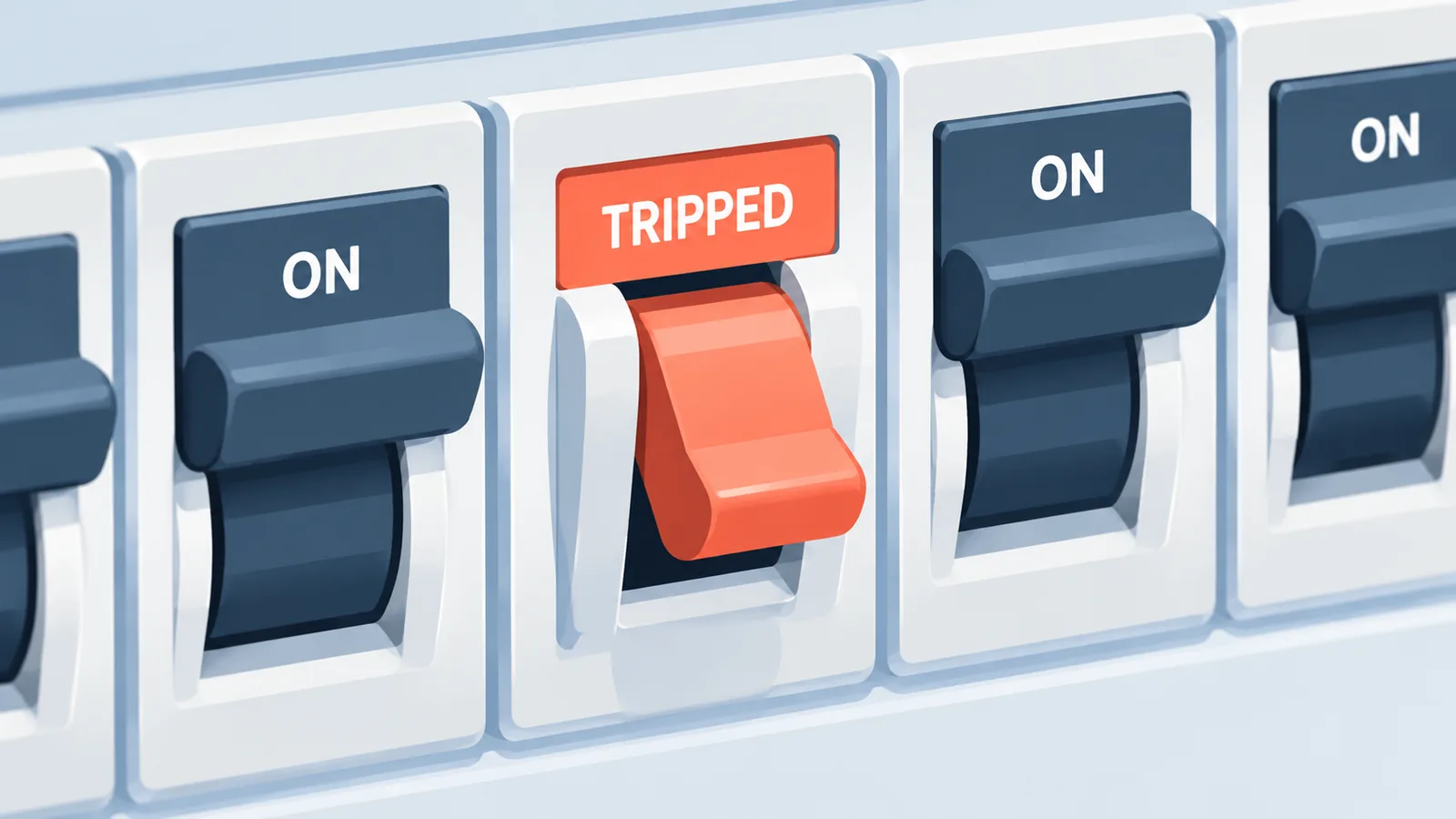 Close-up of a circuit breaker handle in the tripped position