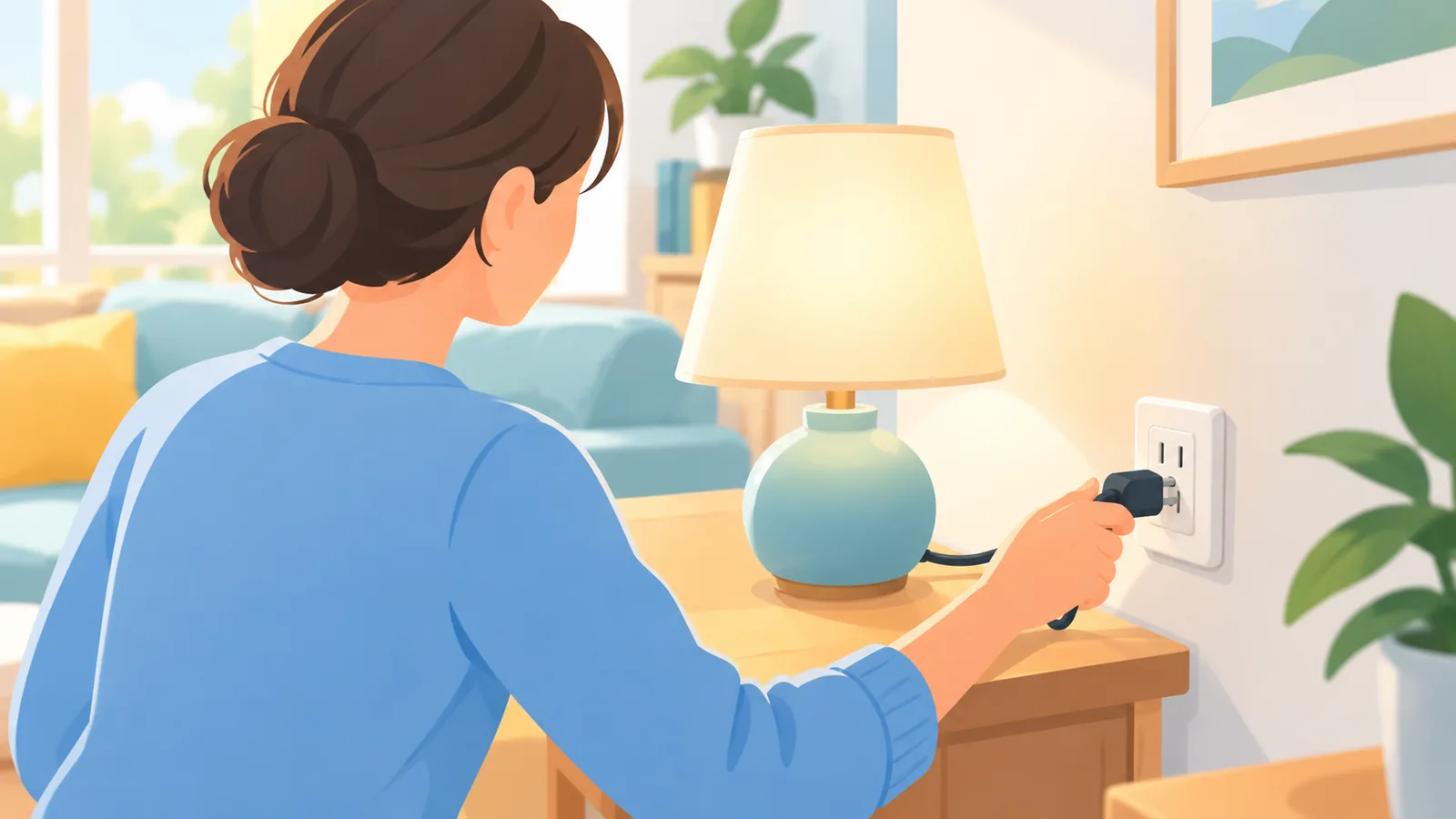 Person plugging a lamp into a wall outlet in a living room