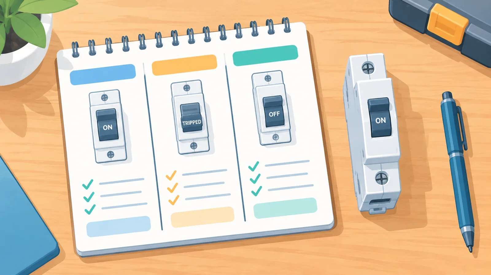 Notepad with a three-column comparison sketch beside a breaker