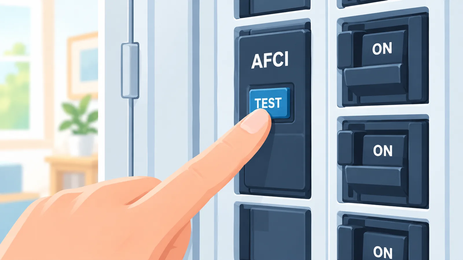 Finger pressing the TEST button on an AFCI breaker
