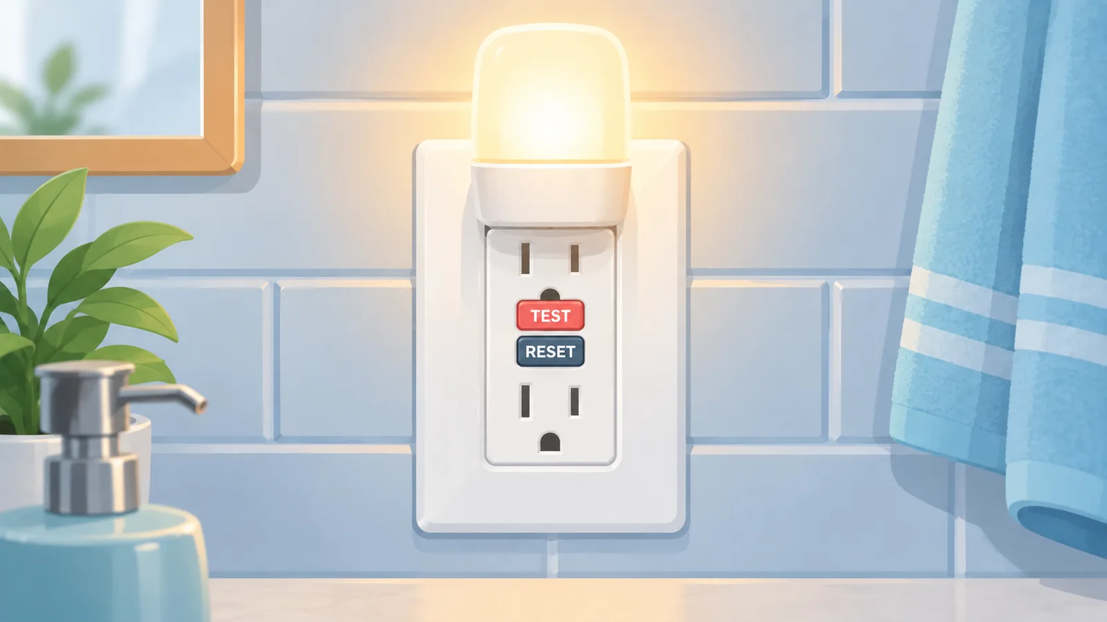 GFCI outlet in a bathroom with a nightlight plugged in