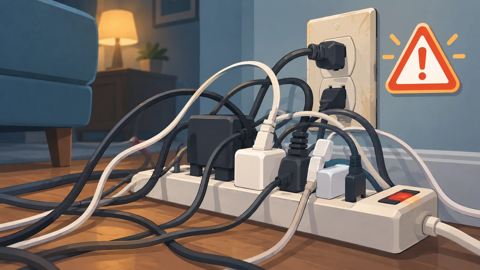 Overloaded power strip with many plugs on a wall outlet