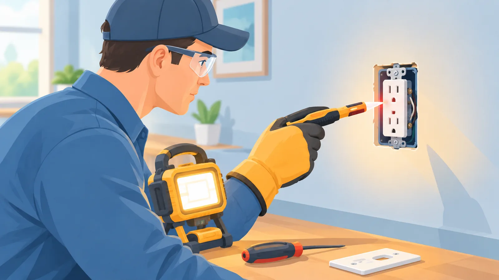 Electrician wearing gloves using a voltage tester at an outlet