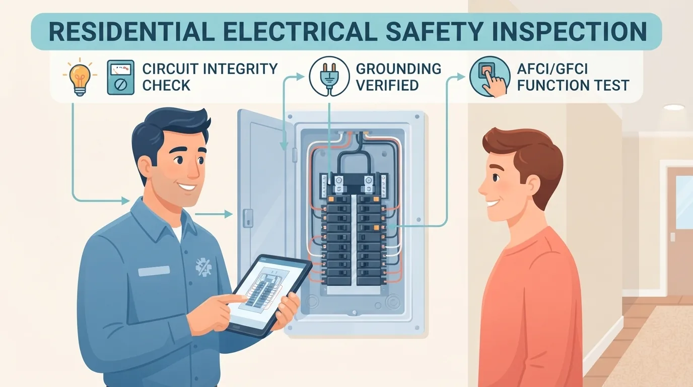 Electrician reviewing a breaker panel with a homeowner