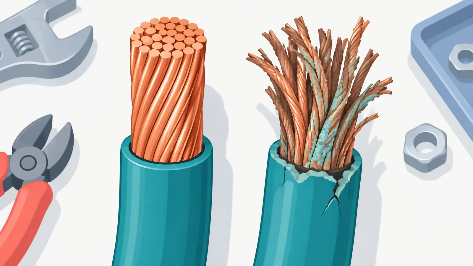Dos cables de batería sobre un banco de trabajo, uno con el extremo de cobre limpio y otro corroído y deshilac
