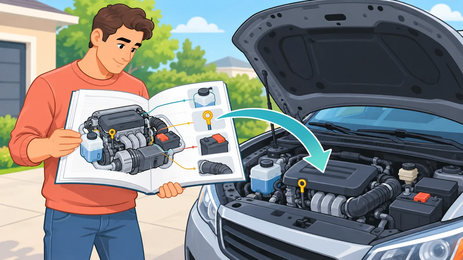 Persona leyendo el manual del propietario junto al capó abierto de su coche