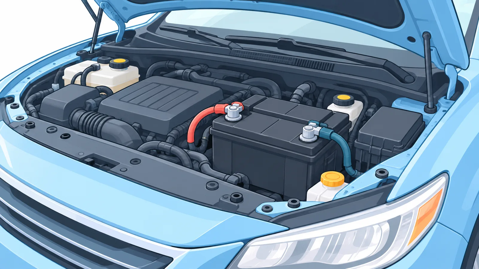 Batería de coche con los bornes limpios y bien conectados bajo el capó abierto