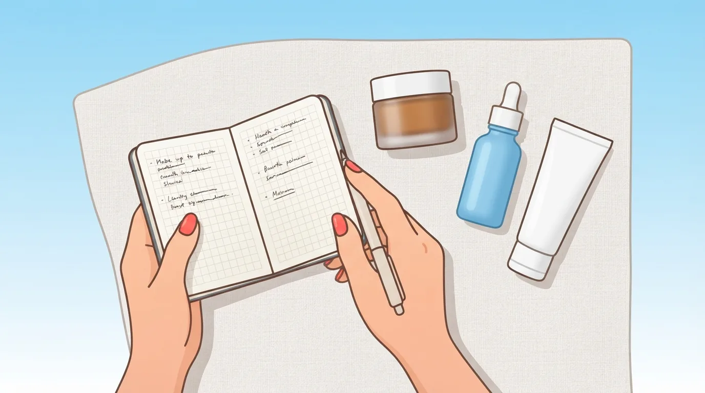 Manos con una libreta junto a varios productos de cuidado facial sobre una superficie de lino
