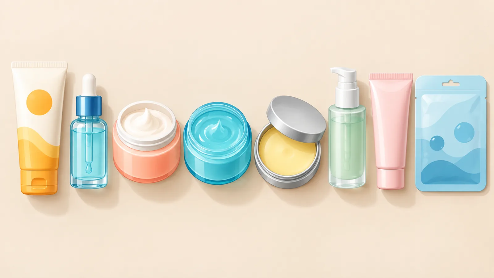 Fila ordenada de productos de cuidado facial sobre fondo beige