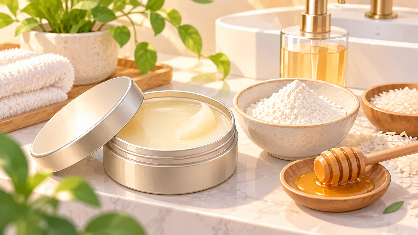 Bálsamo limpiador y mascarilla de arroz y miel sobre una encimera de baño
