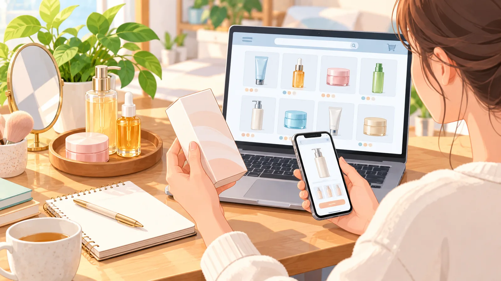Persona comparando un producto de cuidado facial con una tienda online en el portátil