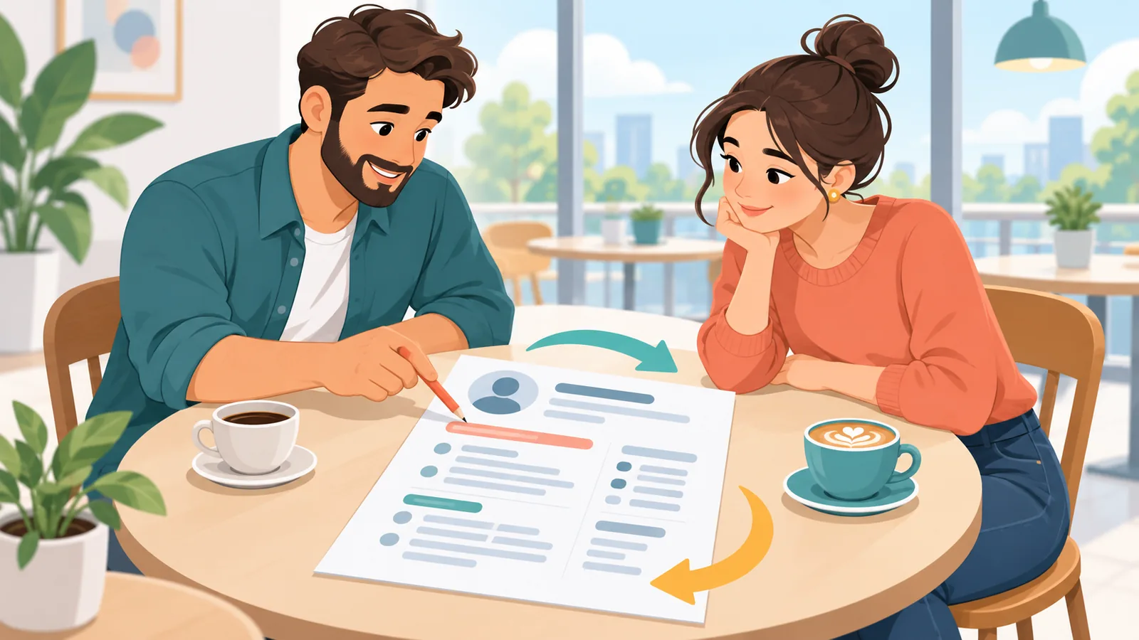 Dos personas comentando un borrador de currículum en una cafetería