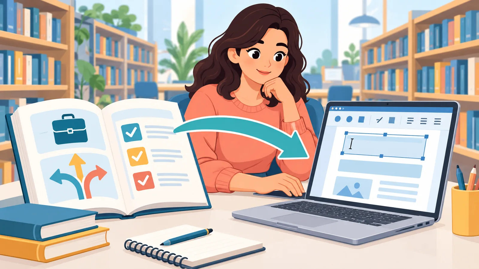 Estudiante en una biblioteca con una guía de empleo y una plantilla de Word