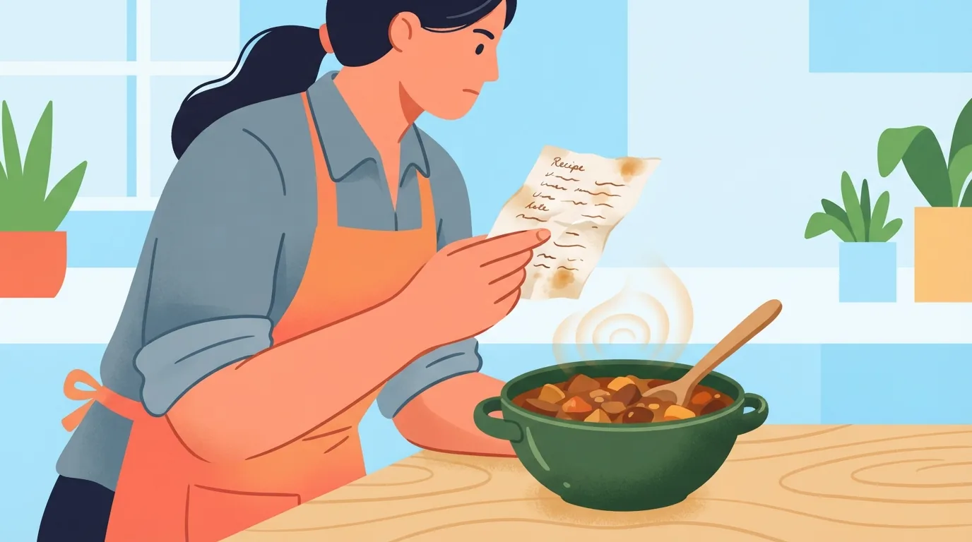 Persona en la cocina comparando una receta escrita a mano con el plato terminado