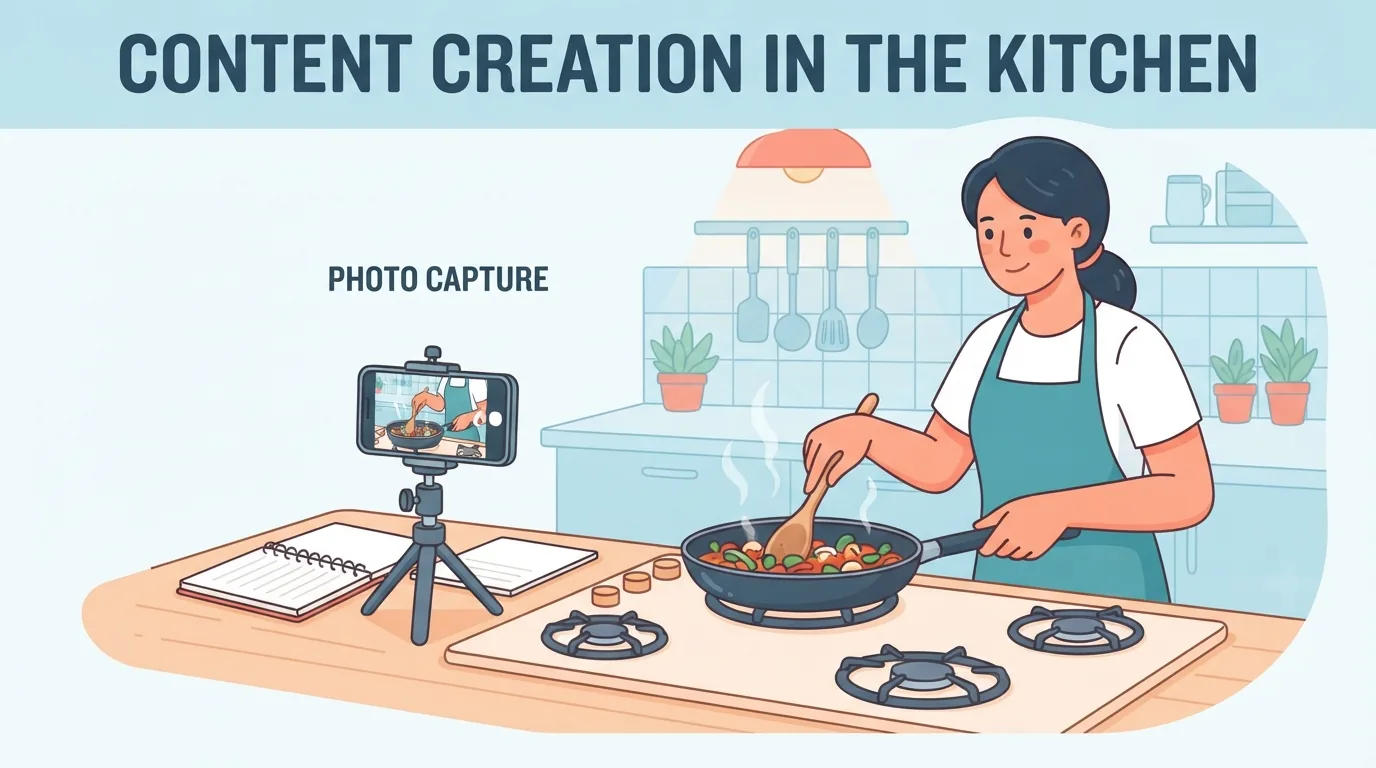 Cocinero documentando con el móvil y el cuaderno mientras prepara un plato