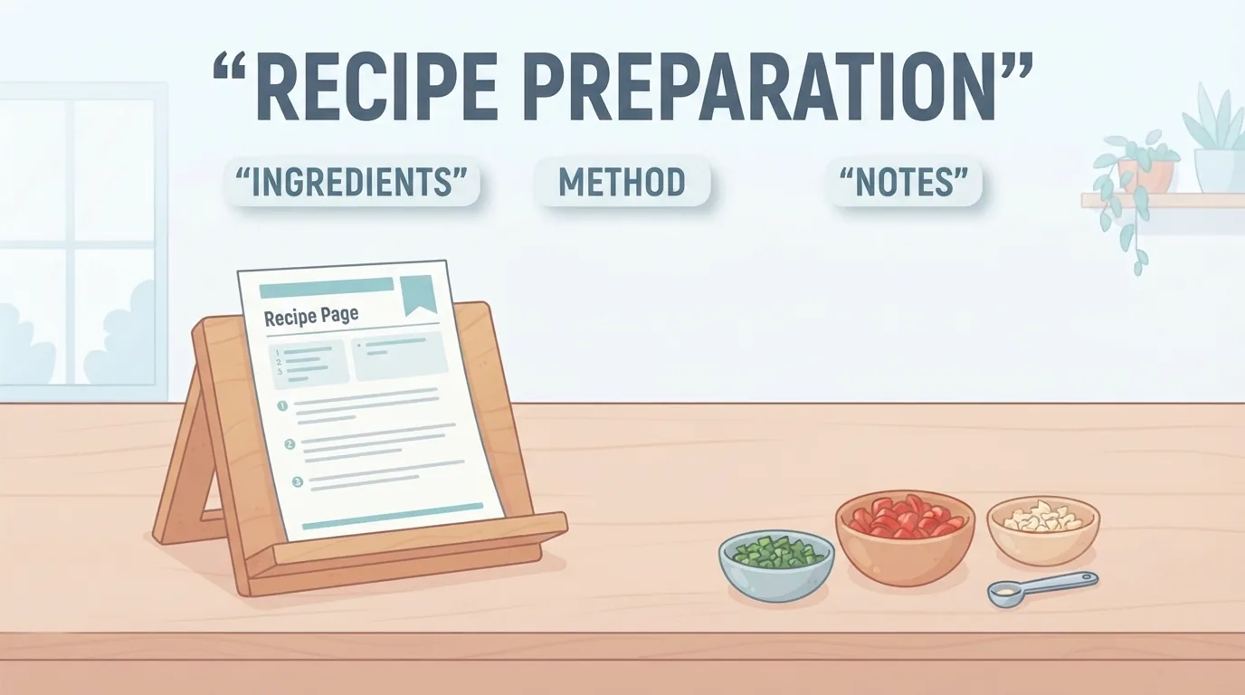 Receta impresa con los ingredientes preparados en cuencos pequeños
