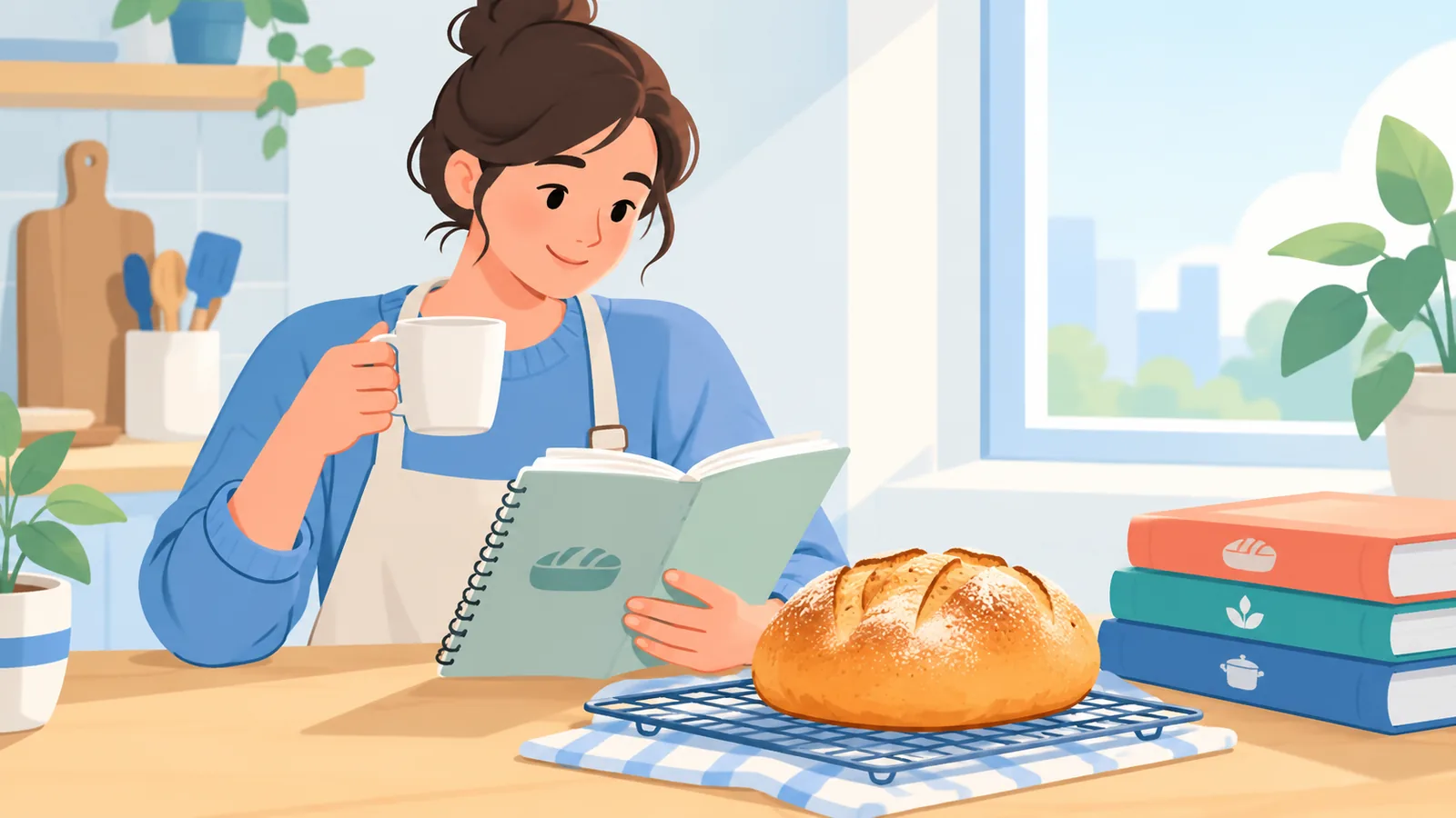 Persona leyendo su cuaderno de recetas junto a una hogaza de pan