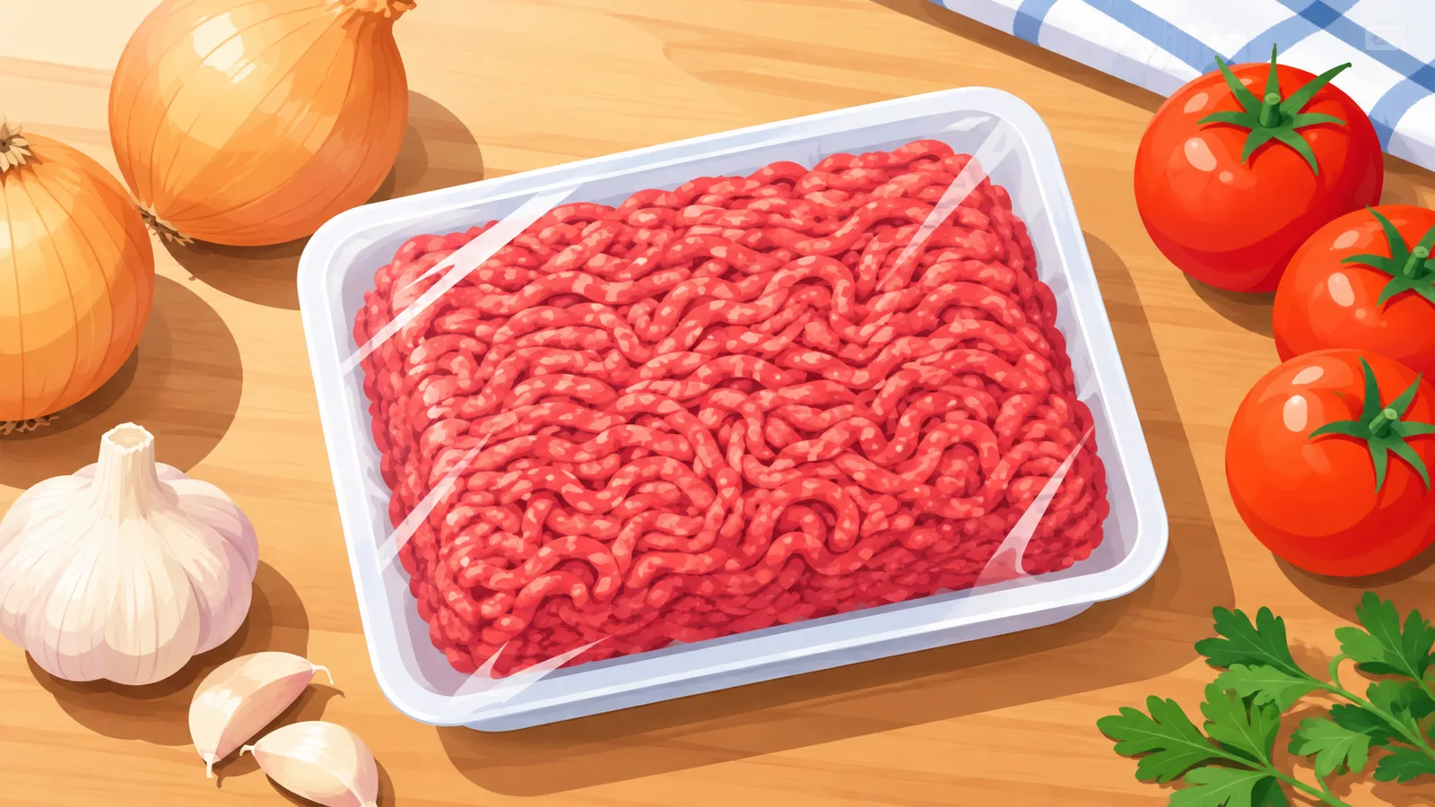 Paquete de carne picada junto a cebolla, ajo y tomates sobre una encimera de madera