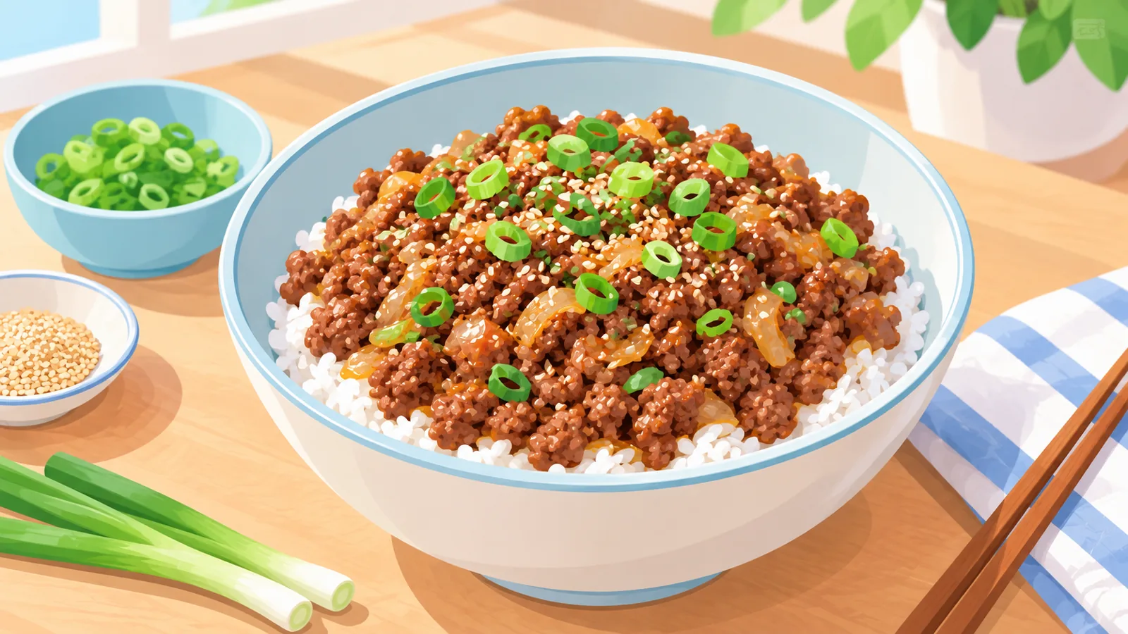 Bol de arroz con carne picada estilo coreano, sésamo y cebolleta