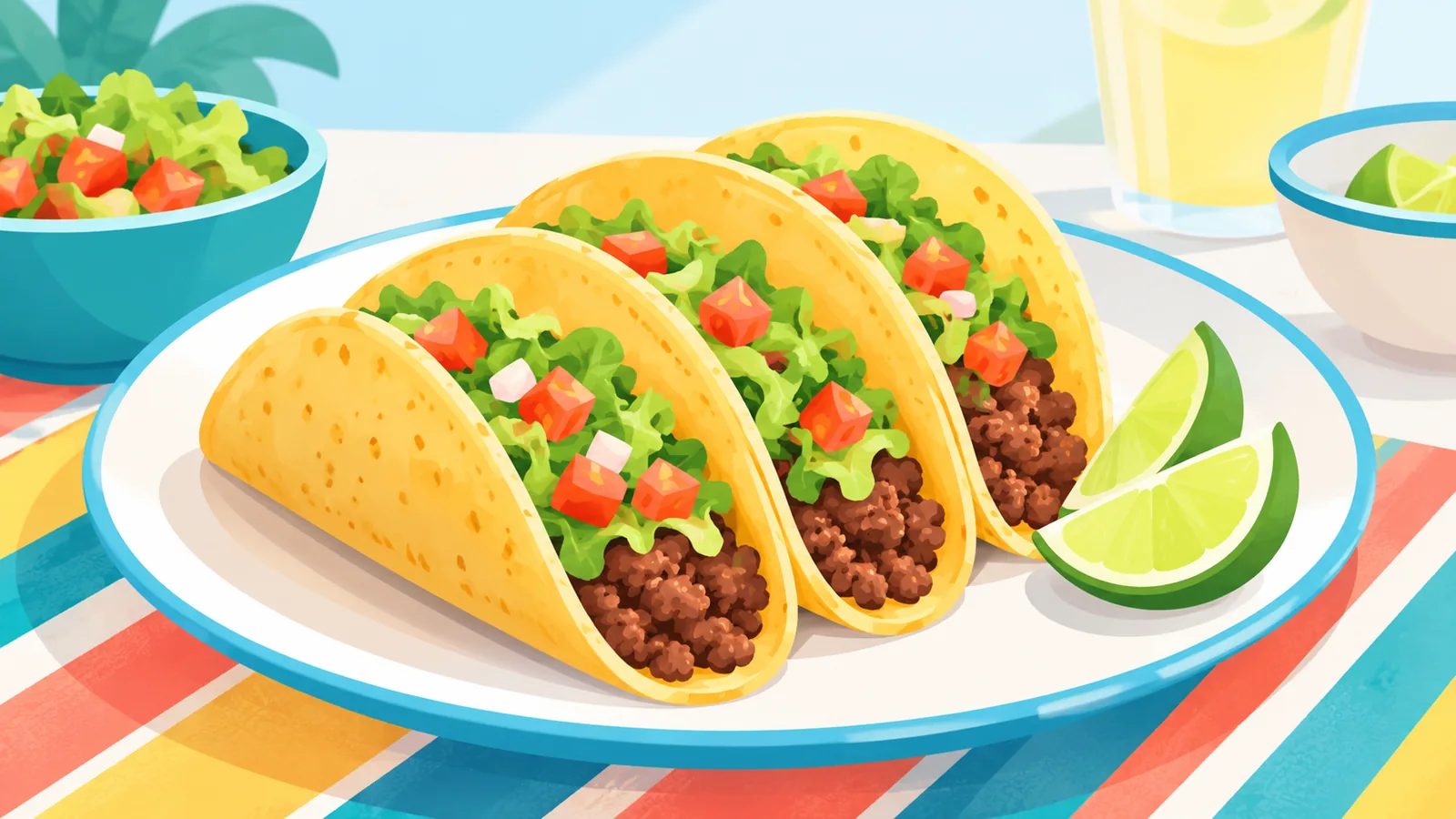 Plato de tacos de carne picada con lechuga, tomate y lima