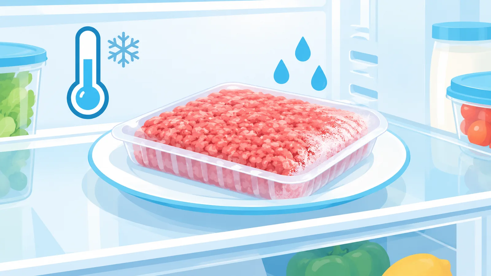 Paquete de carne picada descongelándose en un plato dentro de la nevera