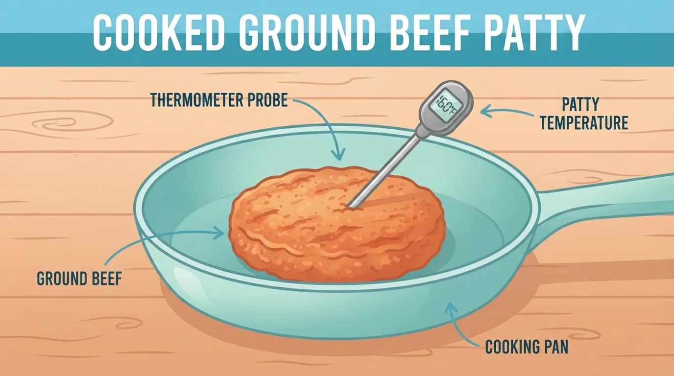 Termómetro de cocina insertado en una hamburguesa de carne picada en la sartén
