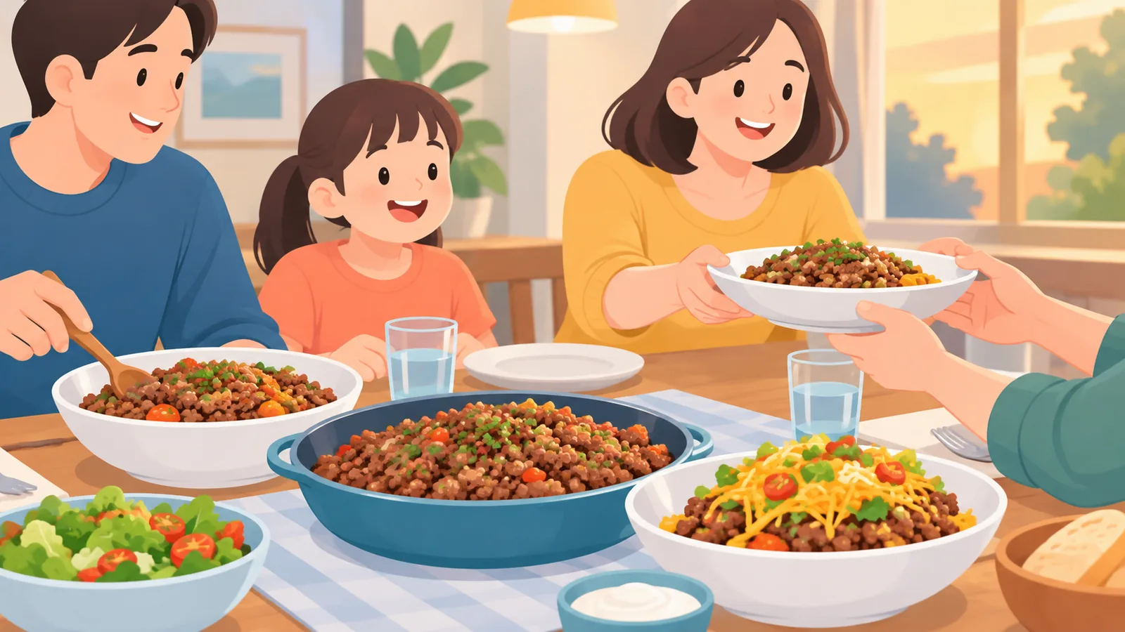 Mesa familiar con varios platos de carne picada para compartir