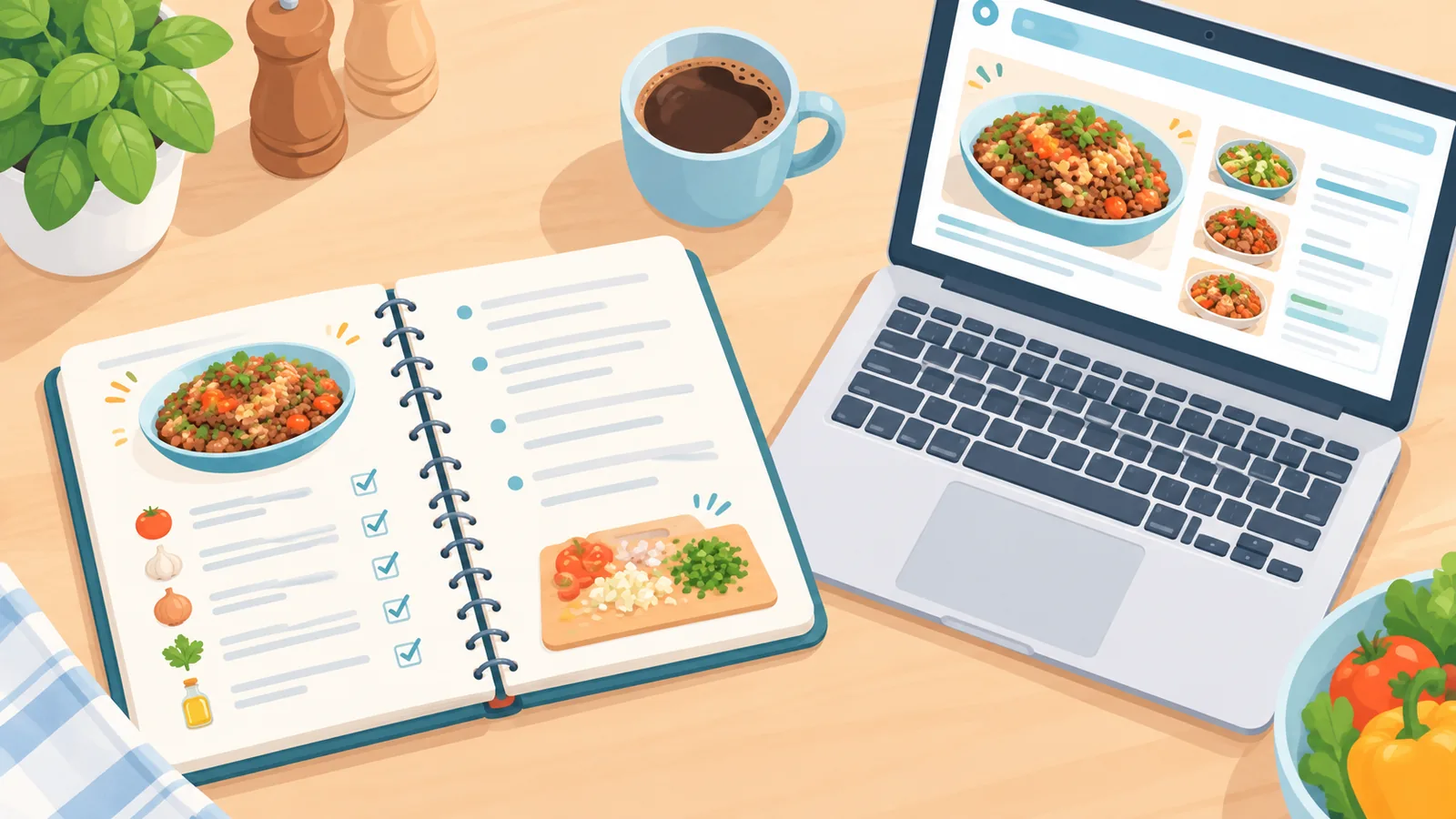 Cuaderno con notas de recetas junto a un portátil y una taza de café