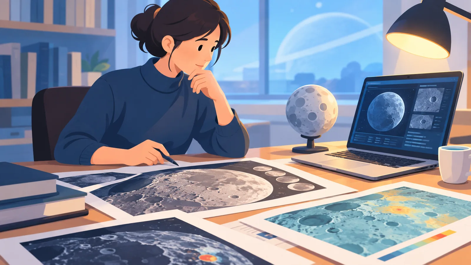 Científico planetario trabajando con mapas de lunas y asteroides en su escritorio