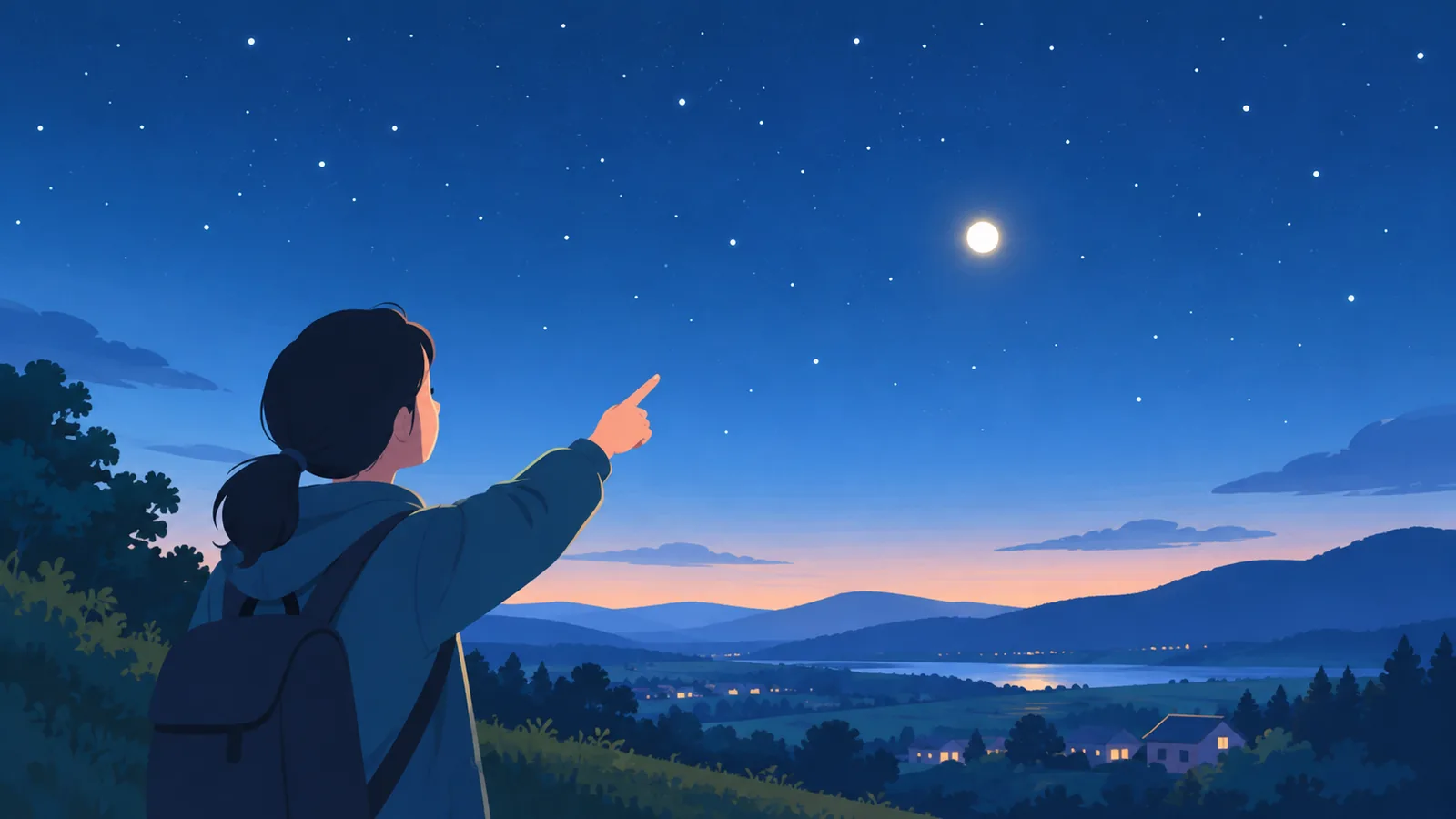 Persona señalando un planeta brillante en el cielo nocturno