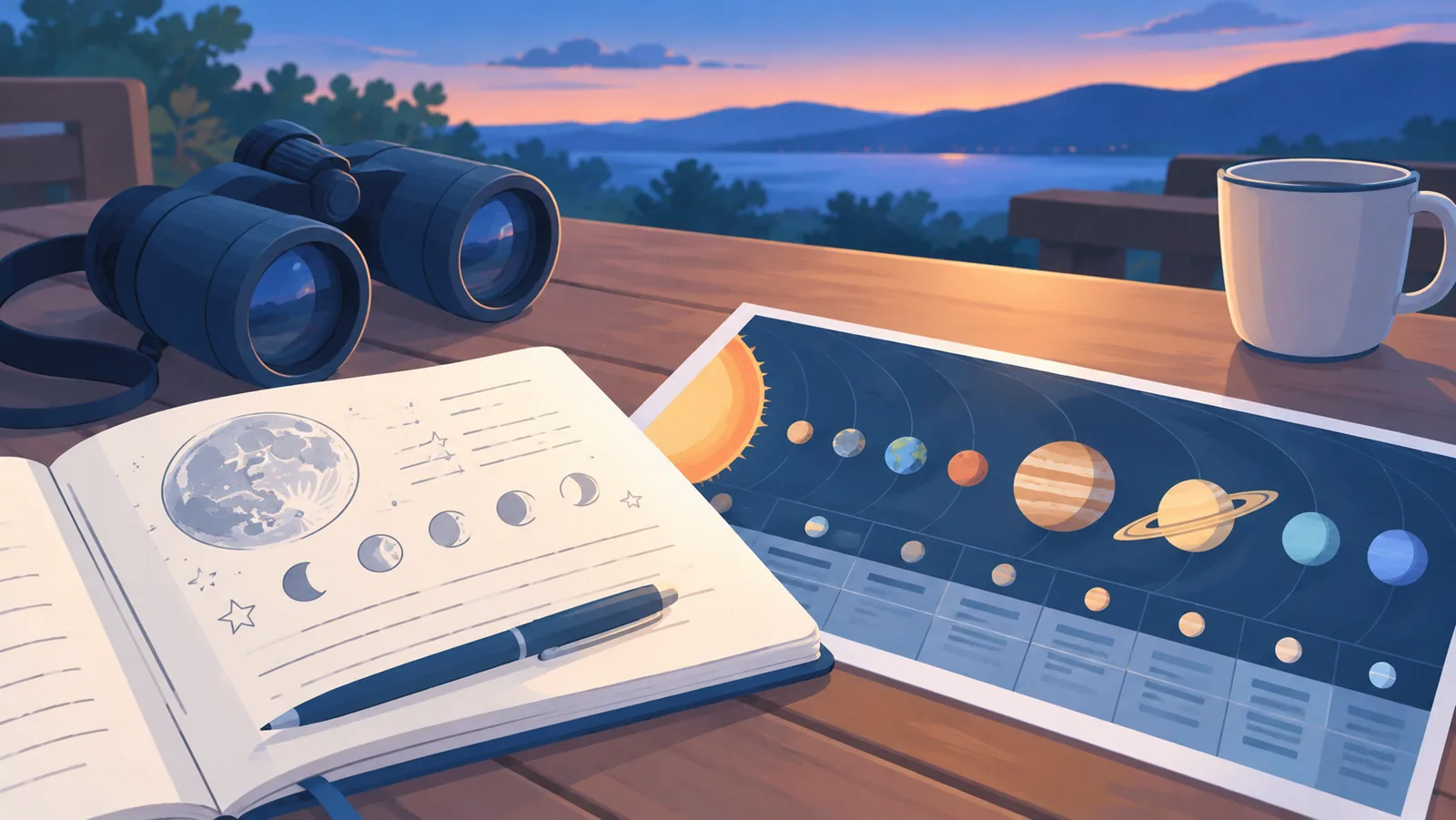 Cuaderno con una tabla de planetas y unos prismáticos al anochecer