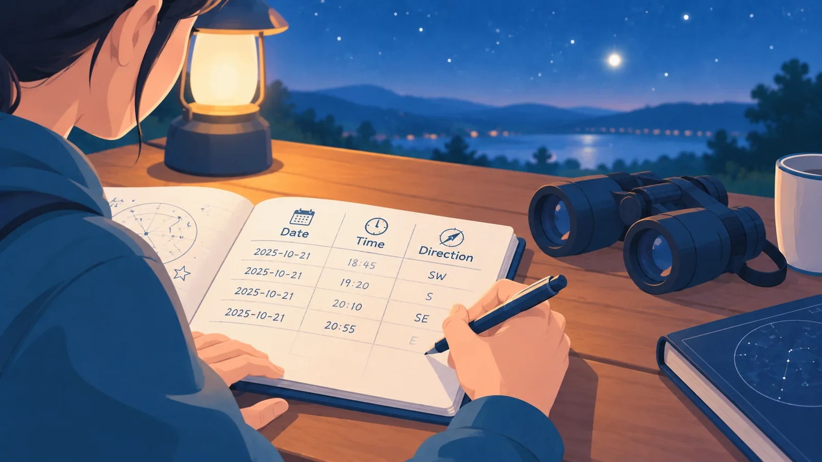 Mano anotando fecha, hora y dirección en un cuaderno de observación