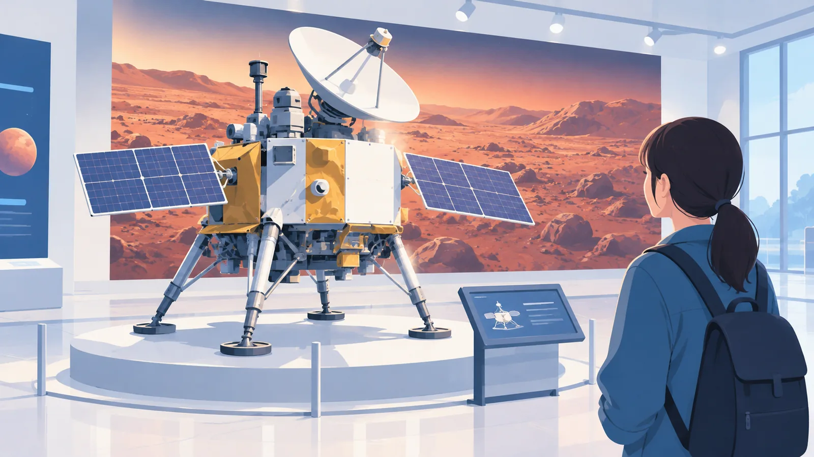 Maqueta de una sonda espacial ante una imagen de la superficie de un planeta