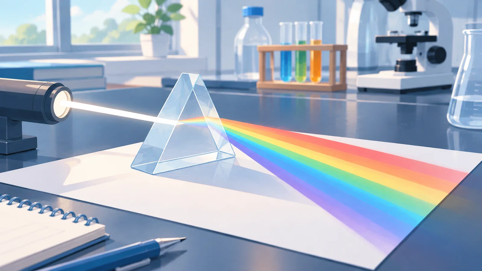 Prisma de cristal descomponiendo la luz en un espectro de colores