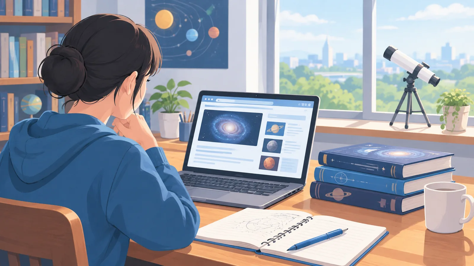 Estudiante en una biblioteca con libros de astronomía y un portátil