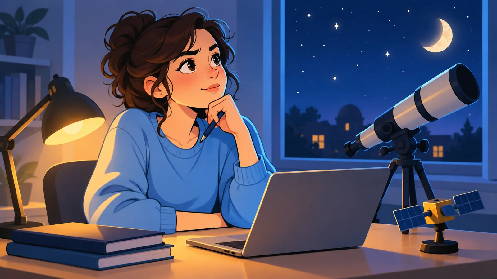 Estudiante entre un telescopio y un modelo de satélite