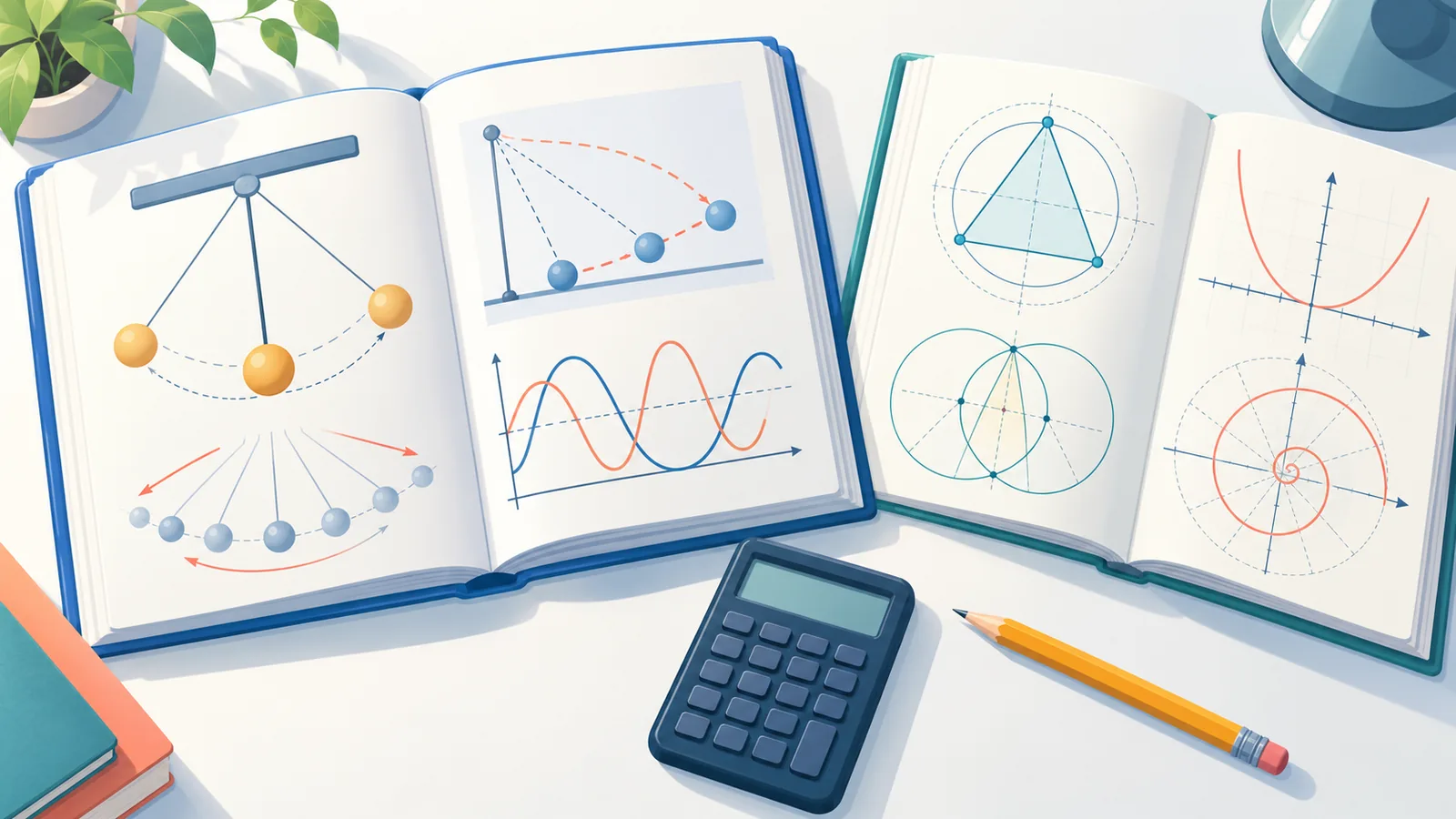 Libros de física y matemáticas sobre un escritorio