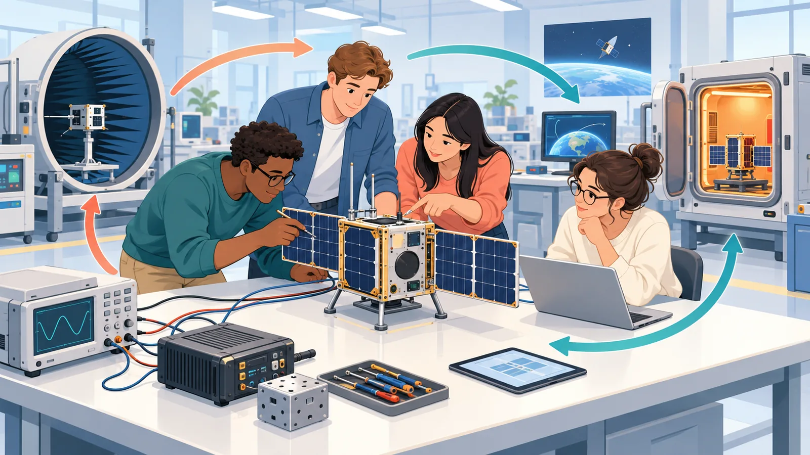 Estudiantes de ingeniería con un prototipo de satélite