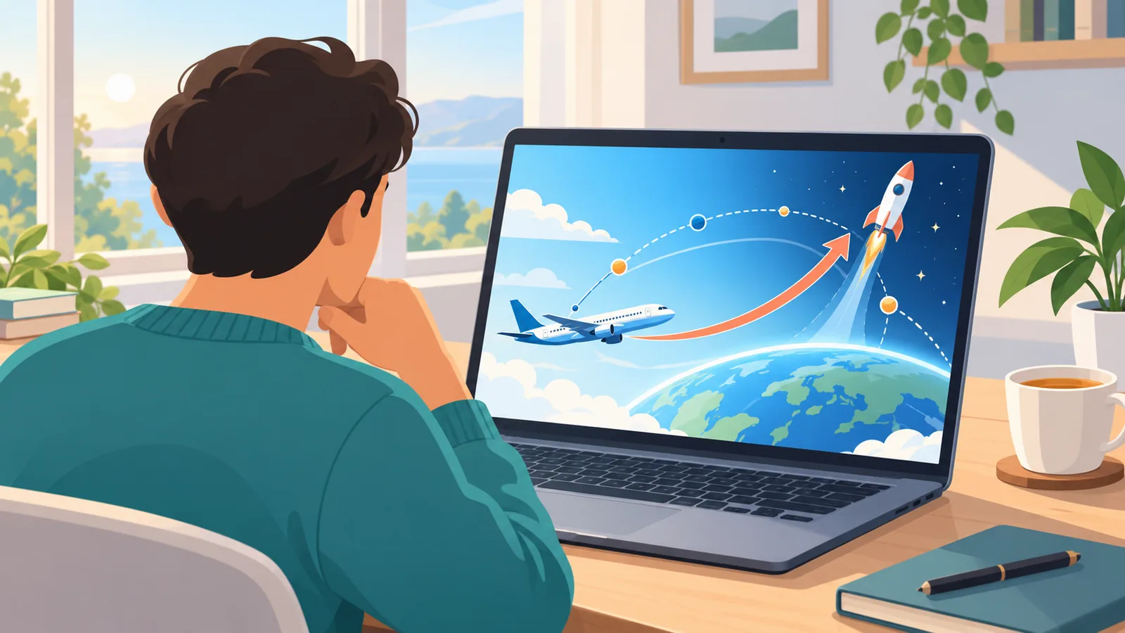 Estudiante siguiendo una clase en línea de tecnología aeroespacial