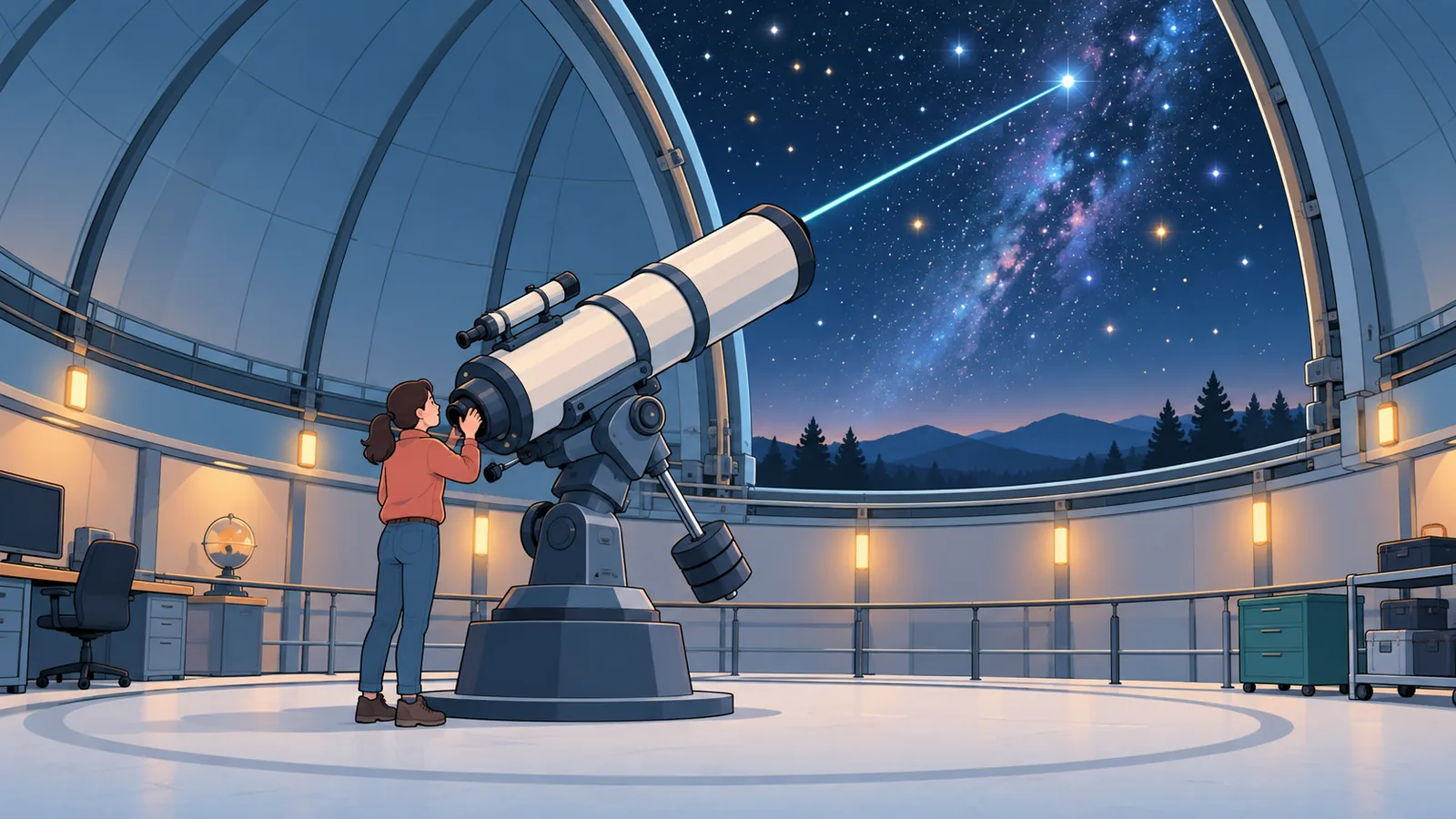 Astrónomo junto a un telescopio en un observatorio