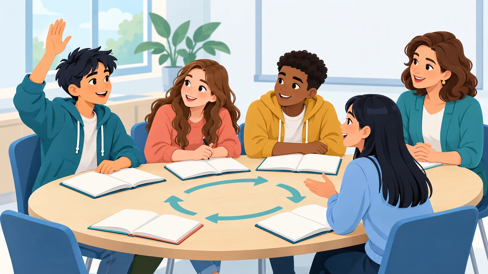 Estudiantes resolviendo dudas en grupo