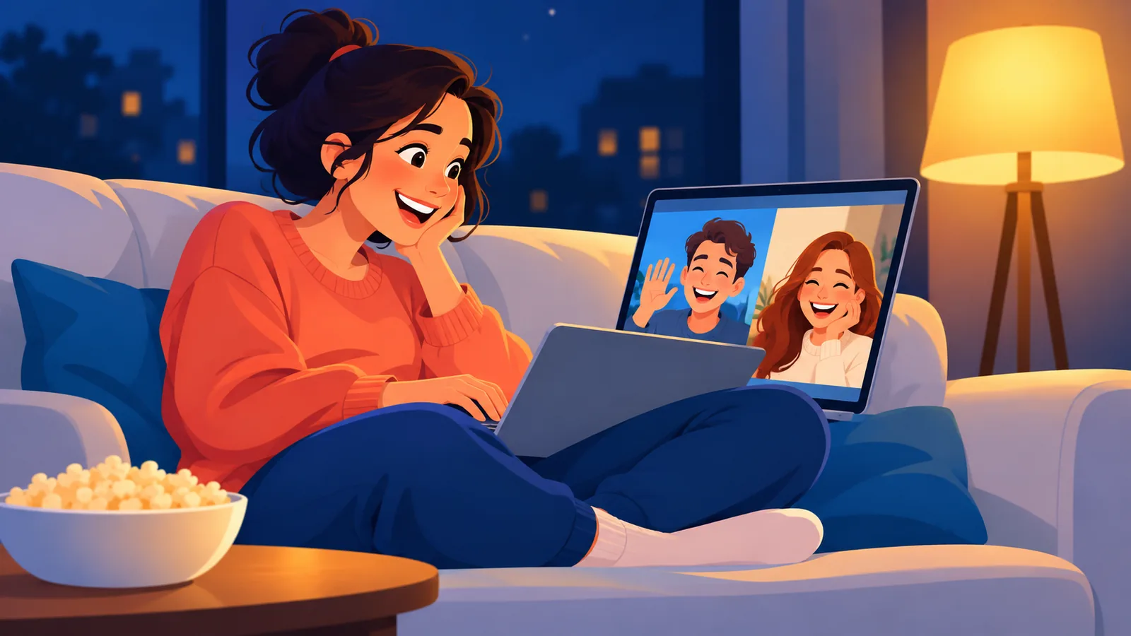 Persona preparando una noche de cine con amigos por videollamada