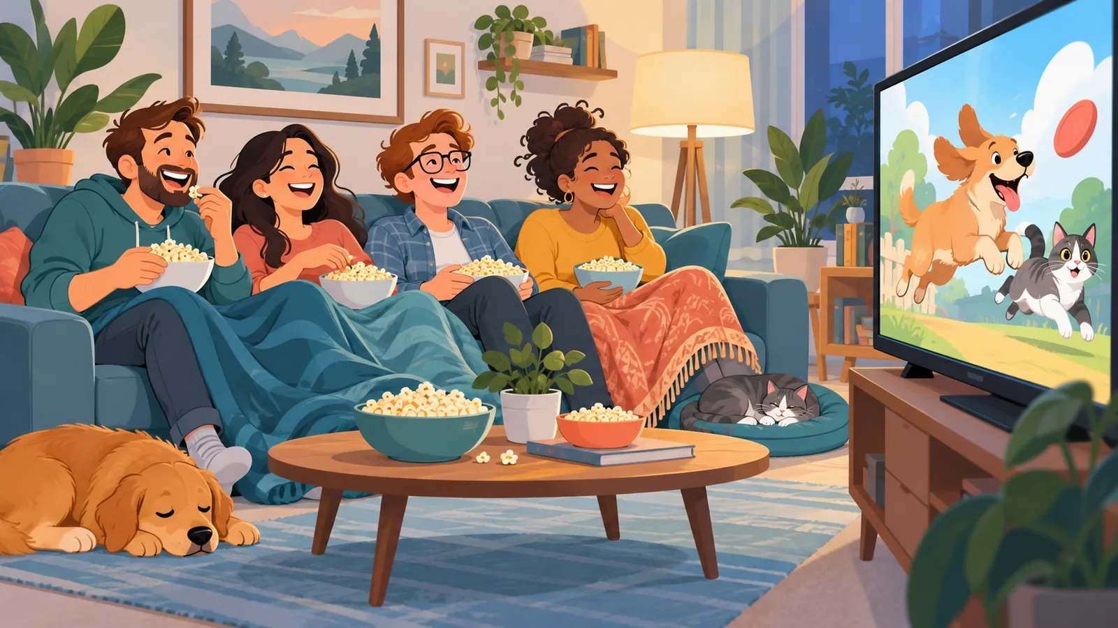 Amigos disfrutando de una película en el sofá