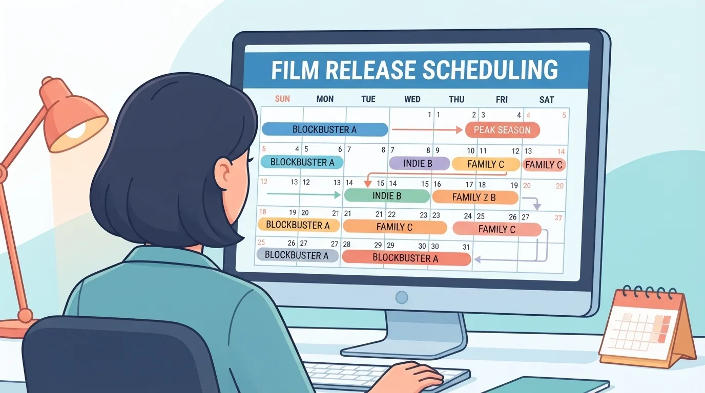 Programadora de un cine consultando un calendario de estrenos en el ordenador
