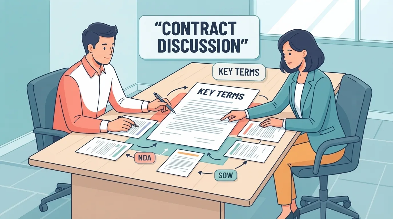Dos profesionales negociando las condiciones de un contrato en una sala de reuniones