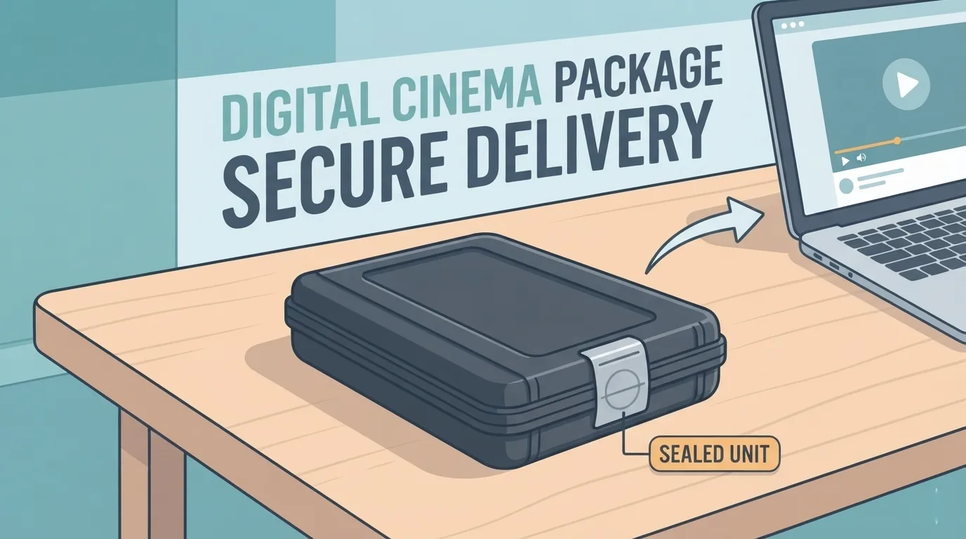 Maletín cerrado con un paquete digital de cine sobre una mesa junto a un portátil
