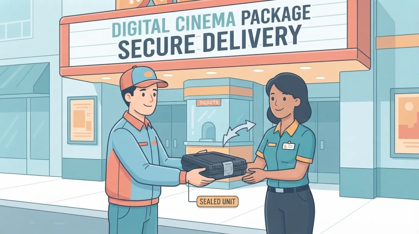 Mensajero entregando un estuche con la película a un empleado en la entrada de un cine