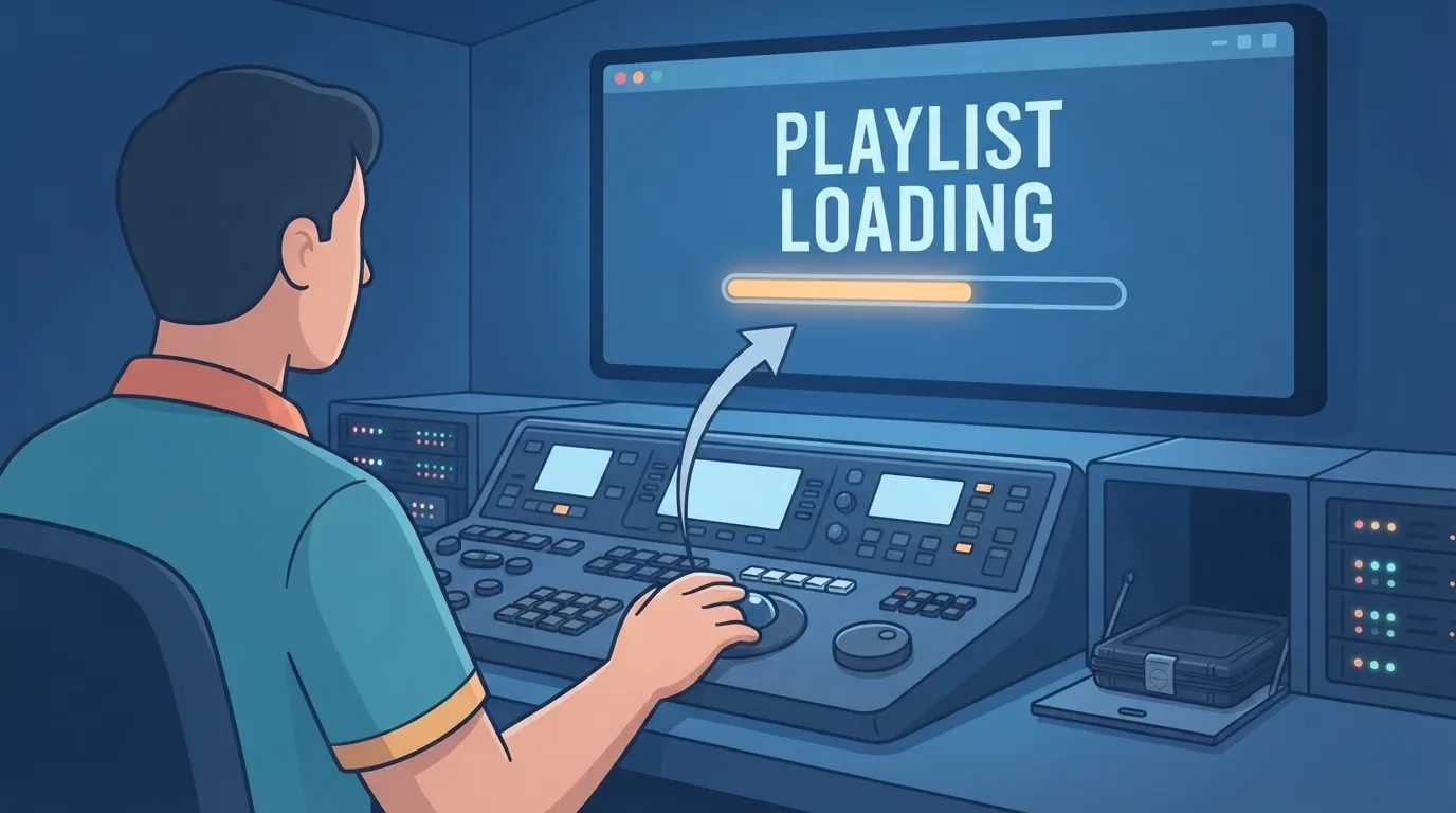 Proyeccionista preparando la lista de reproducción en la cabina de proyección