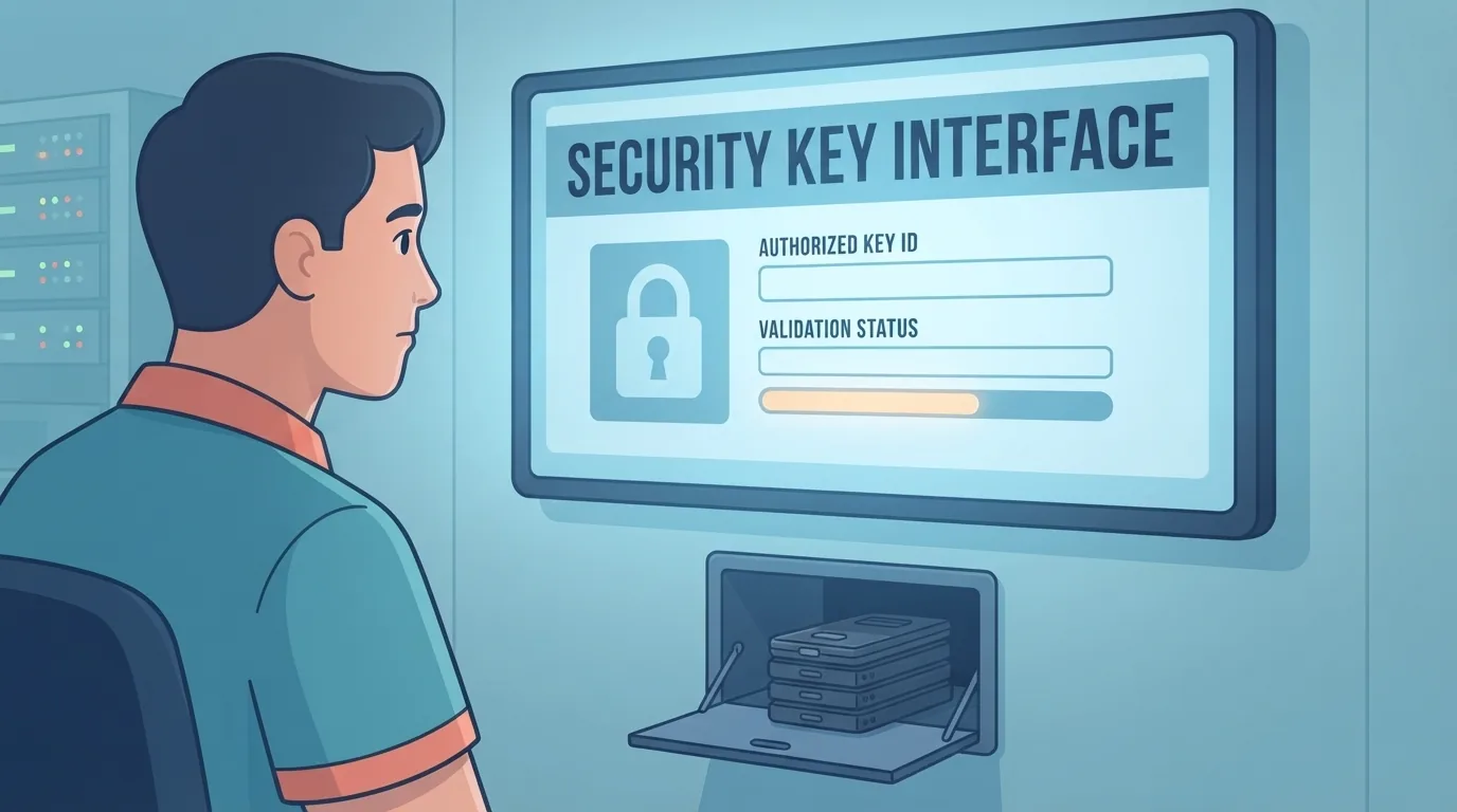 Técnico de cine comprobando una clave de seguridad en una pantalla